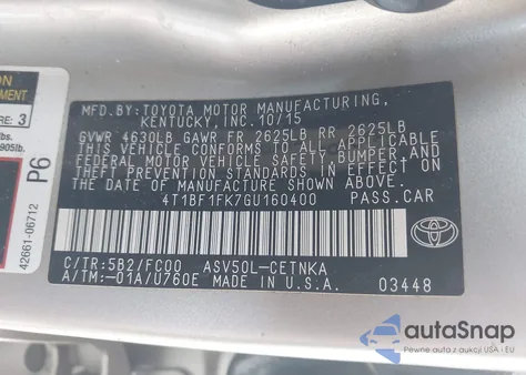 2016 Toyota Camry Le из США, поврежденный, VIN 4T1BF1FK7GU160400